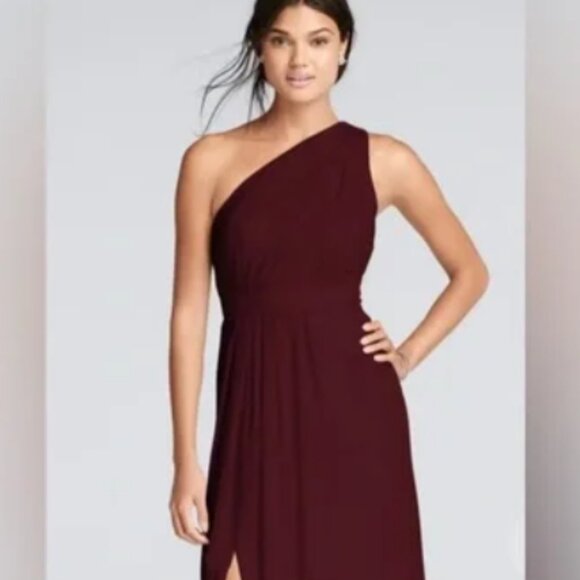 David's Bridal Burgundy/Deep Purple One Shoulder Dress With Split Size 12 - Picture 1 of 12
